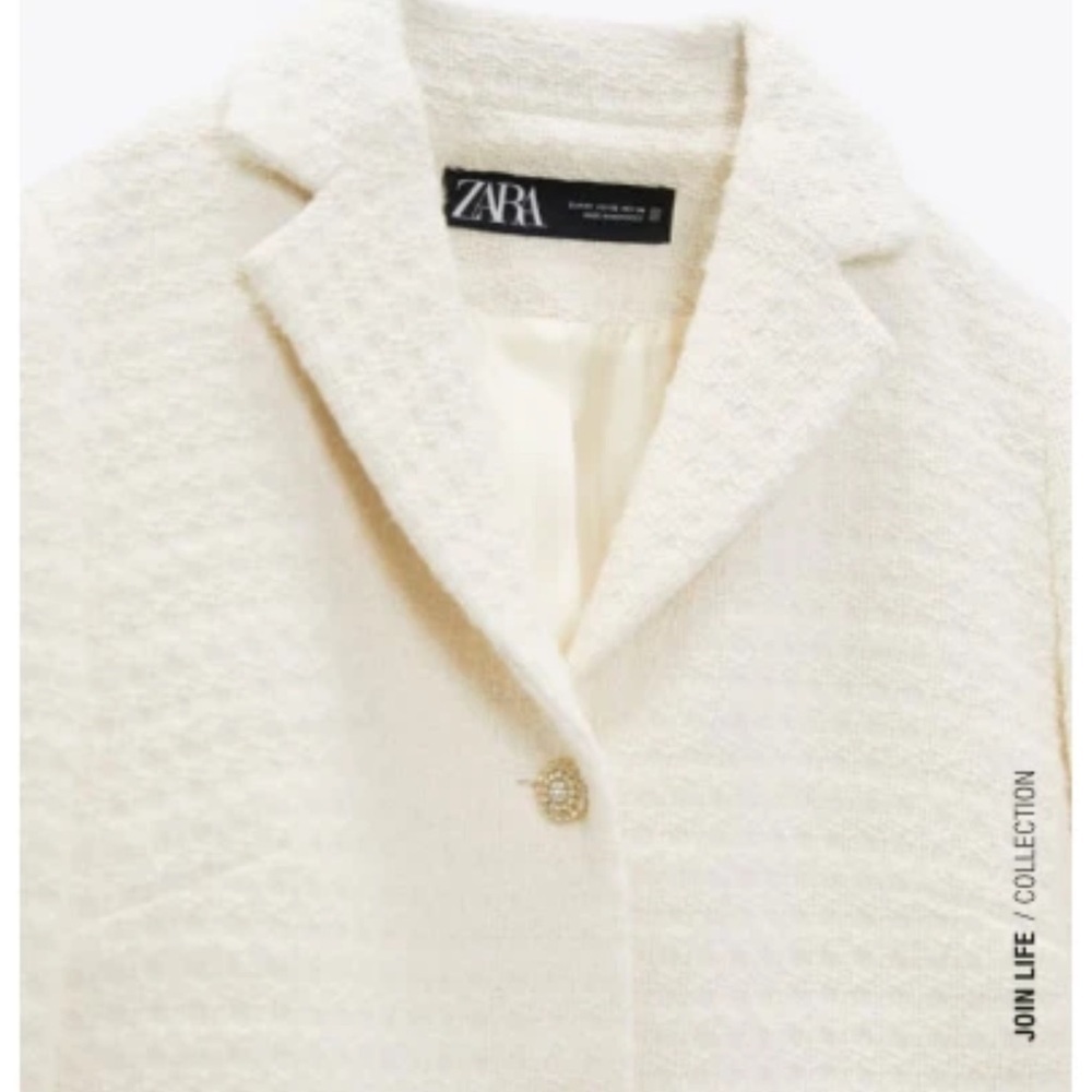 NWT Zara Cream Wool Blend Tweed Texture Blazer Boucle Rhinestone Buttons Sz L - Picture 13 of 15